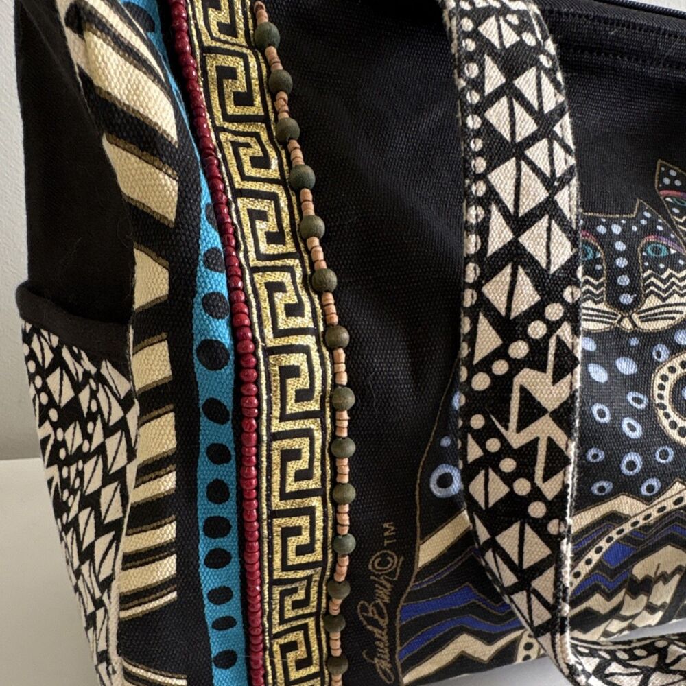 Laurel Burch Cat Tote Bag Black Blue Geometric Zip Top Shoulder Bag - Picture 2 of 8